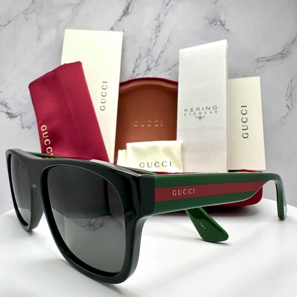 New Gucci Sunglasses Polarized Black Square Red Green Web Arms 56mm Gray Lens - Picture 2 of 15